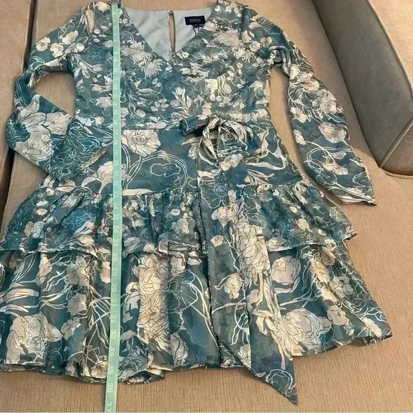 Marchesa Notte Long Sleeved V-neck Tiered Chiffon
Mini Dress in Sage - Picture 15 of 16